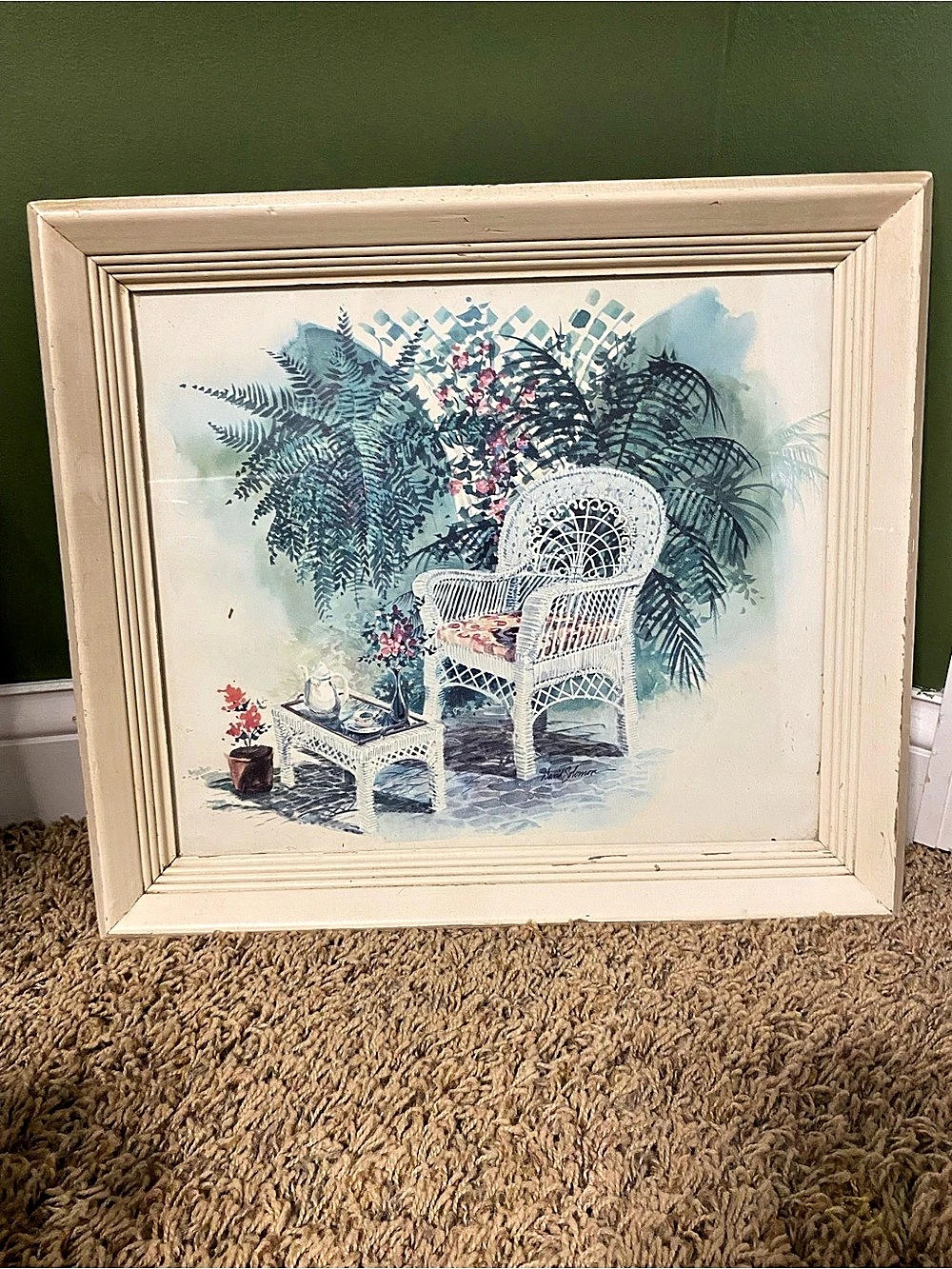 Framed Floral Garden Print in Blue & White